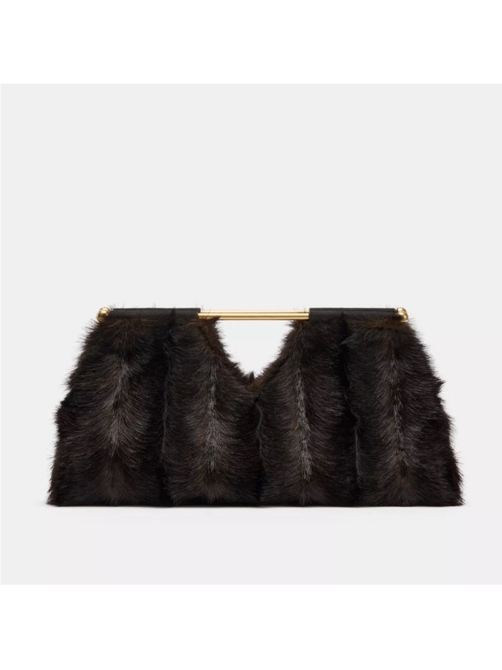 Zara Black Faux-Fur Clutch with Gold Bar Handle